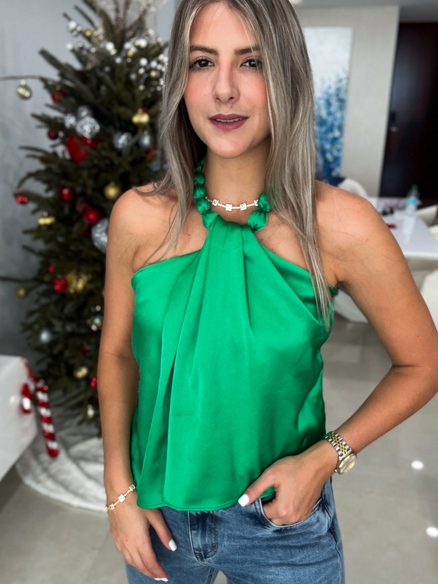 GREEN SATIN BALL HALTER BLOUSE