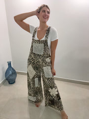 STRETCHY LEOPARD DENIM PATCHORK OVERALL JUMPSUIT