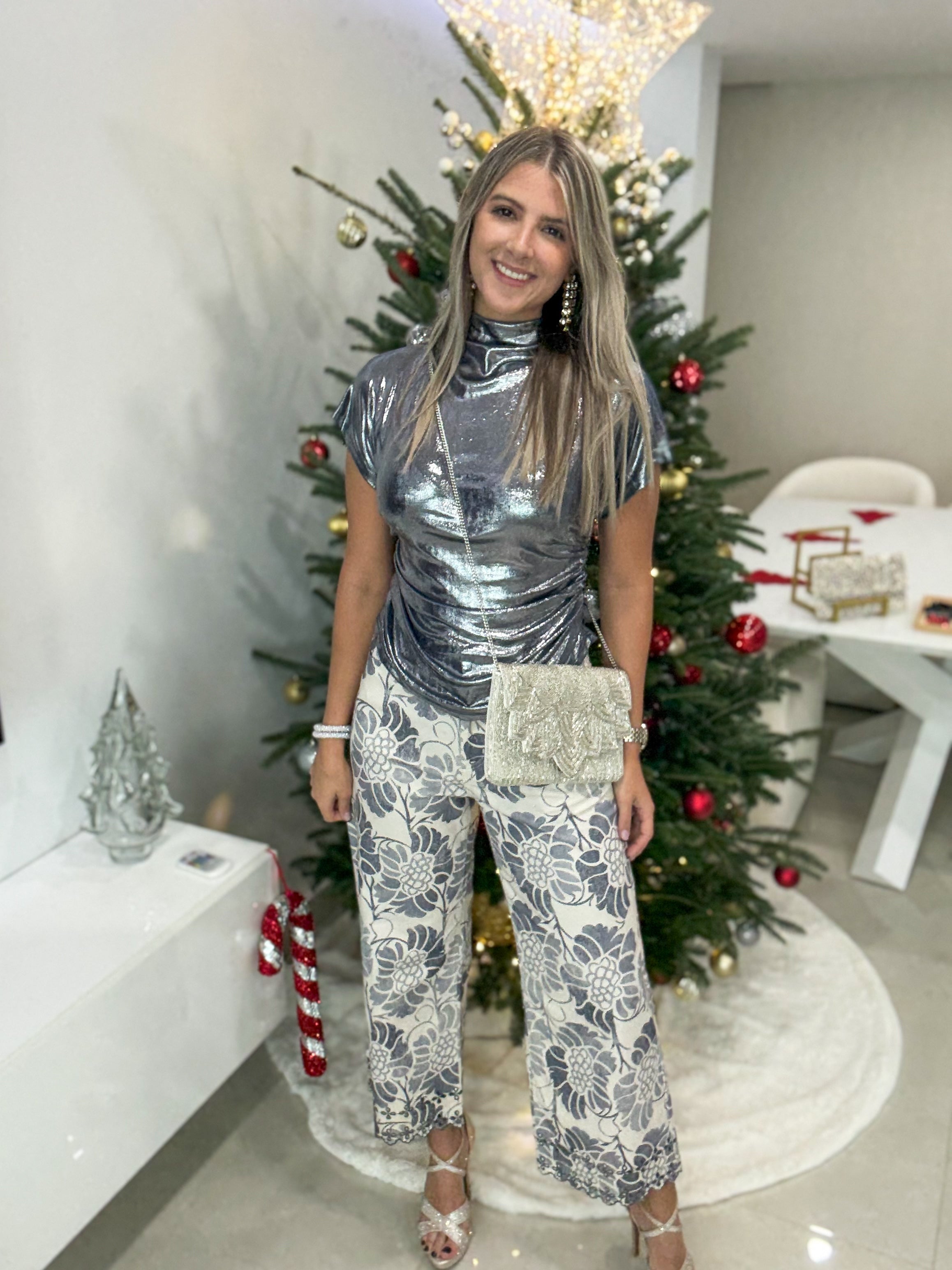 BLUE/IVORY FLORAL PRINT PANTS