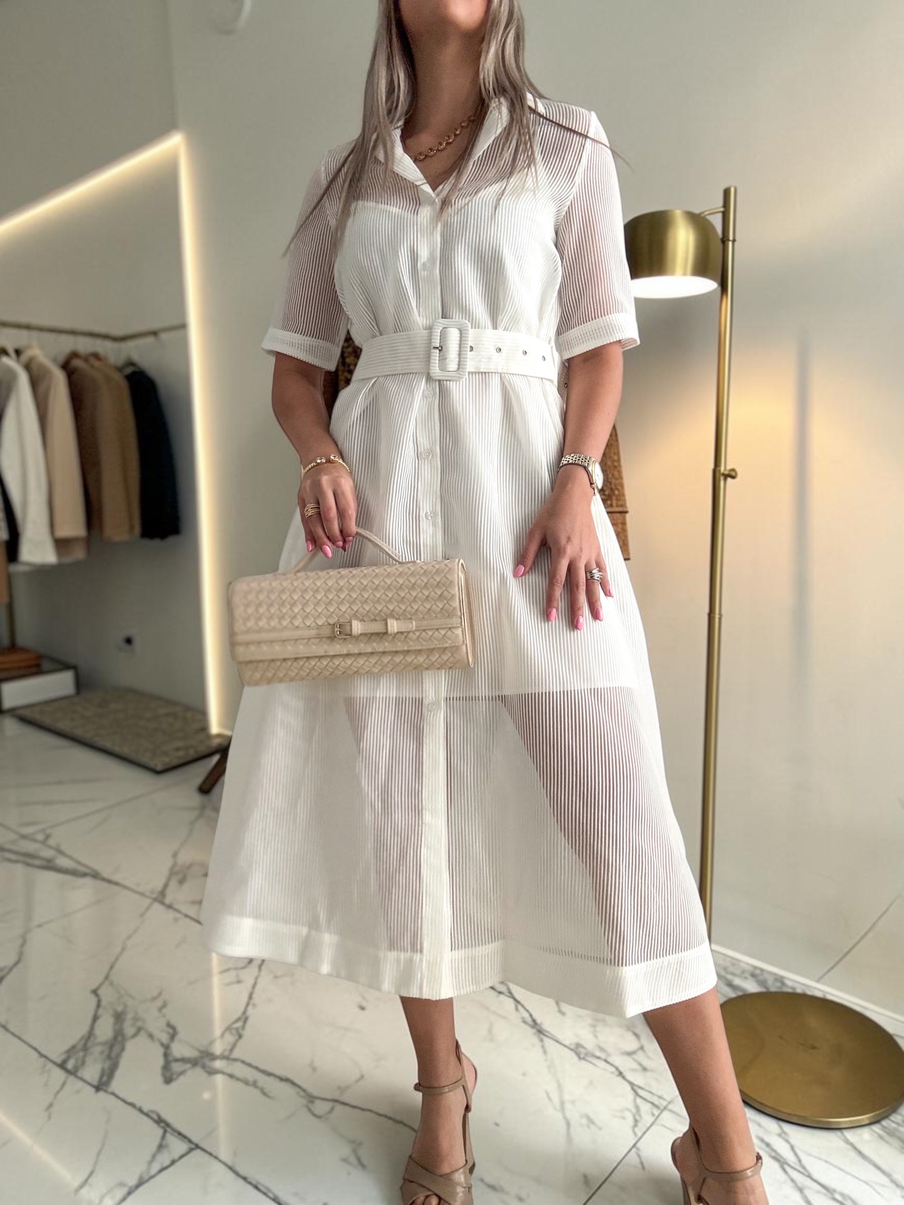 WHITE BELTED MESH DRESS