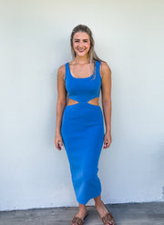BLUE KNITTED CUT-OUT MIDI DRESS