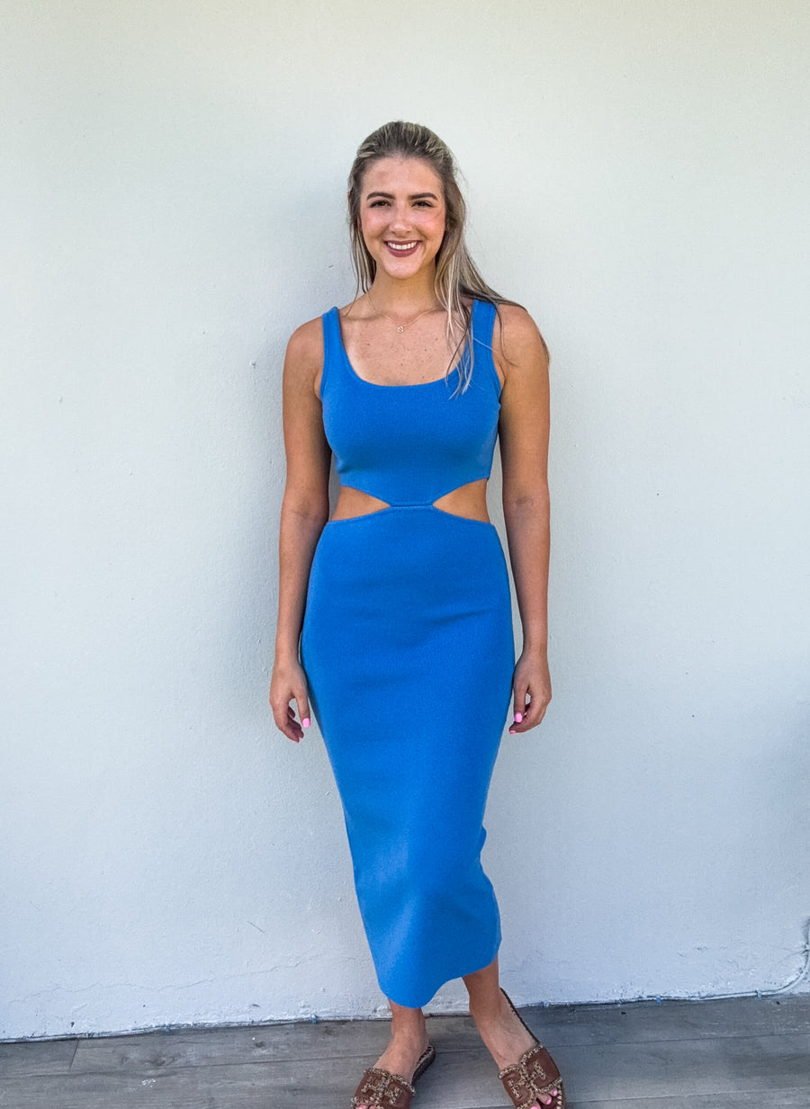 BLUE KNITTED CUT-OUT MIDI DRESS