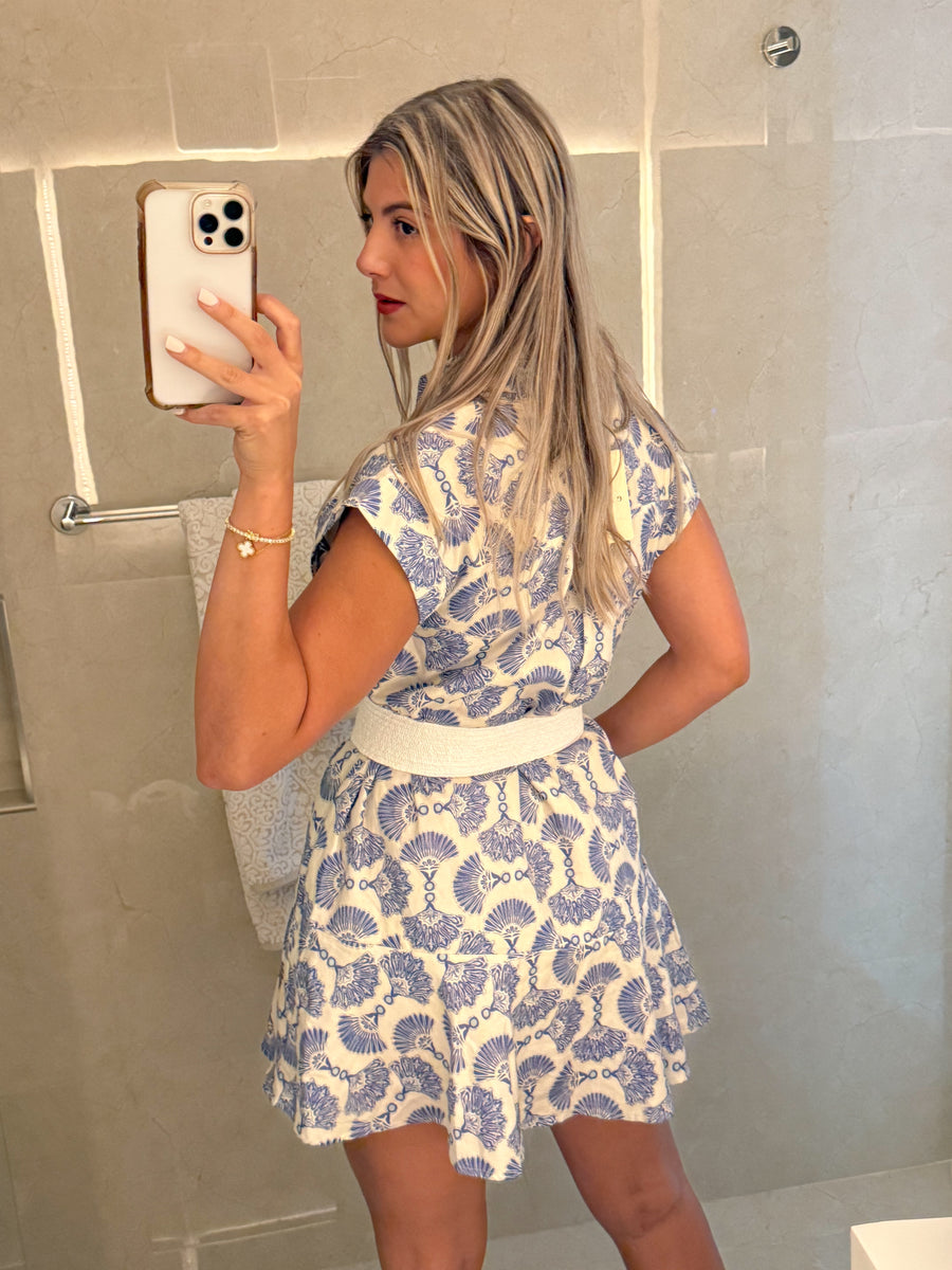 BLUE/WHITE PRINTED SHORT SLEEVES DRESS