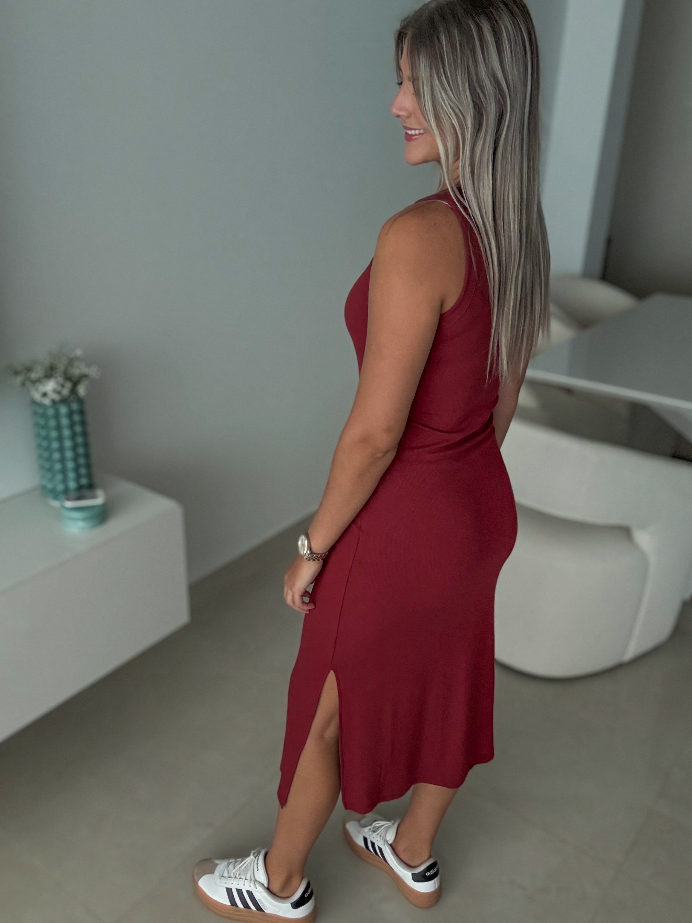 WINE RIBBED BASIC DRESS