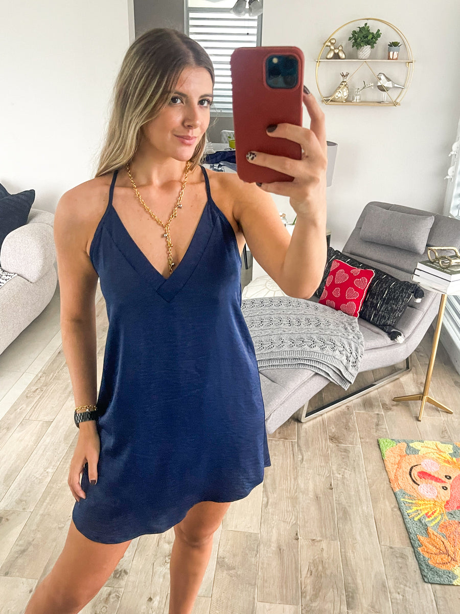 NAVY SATIN V-NECK CAMI DRESS