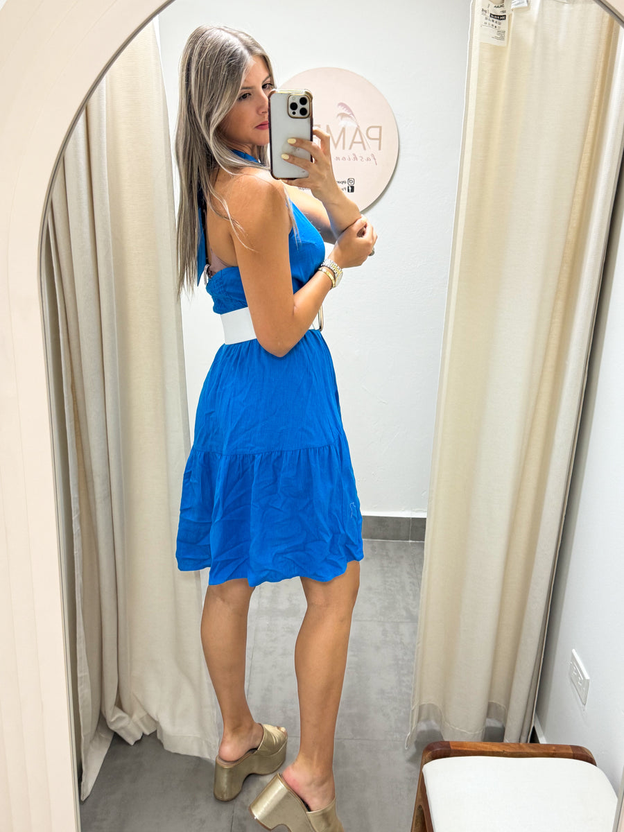 BLUE HALTER DRESS