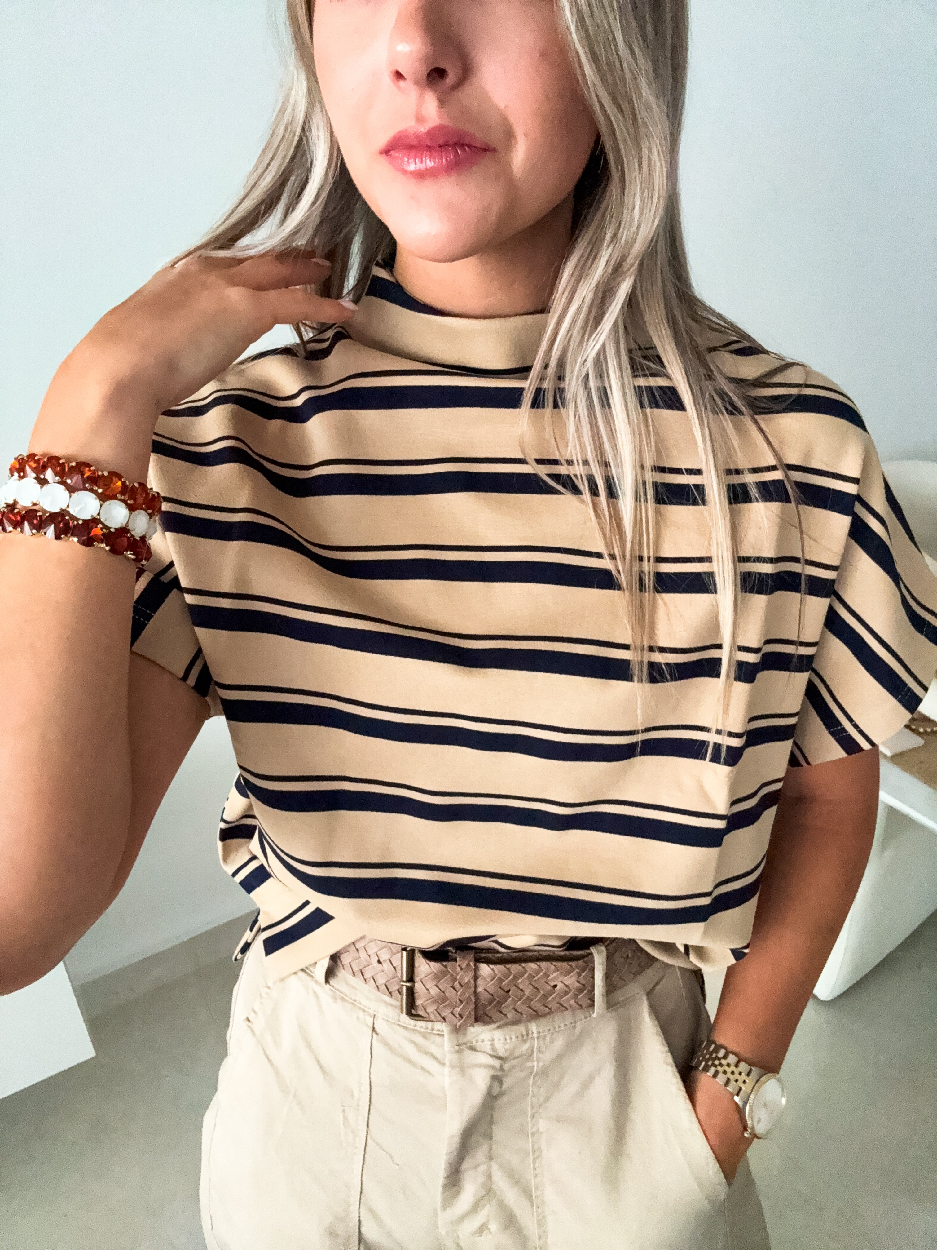 KHAKI/NAVY STRIPED MOCK NECK BLOUSE