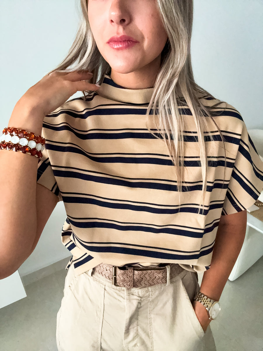 KHAKI/NAVY STRIPED MOCK NECK BLOUSE