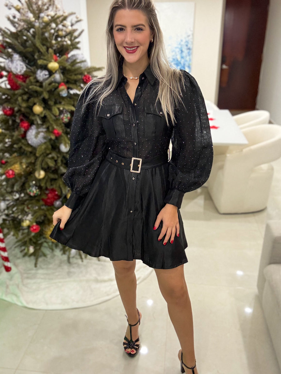 BLACK RHINESTONES LONG SLEEVE DRESS