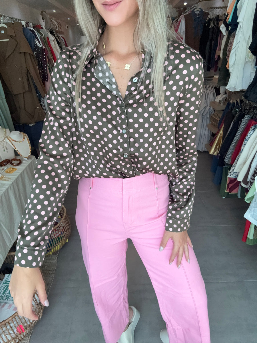 OLIVE/PINK POLKA DOT BLOUSE