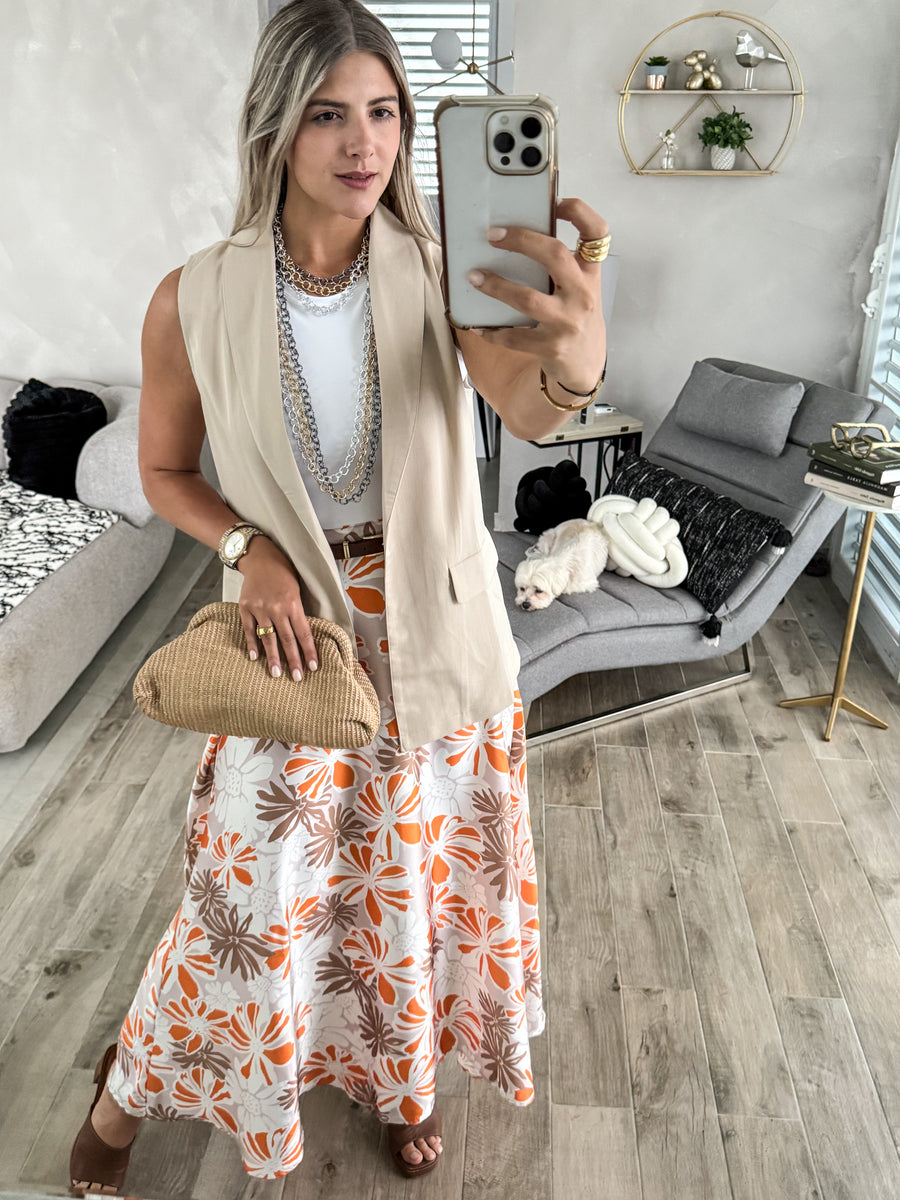 BEIGE/ORANGE BELTED FLORAL PRINT SKIRT