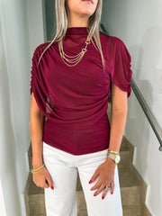 BURGUNDY MESH RUCHED BLOUSE