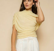 YELLOW MESH RUCHED BLOUSE