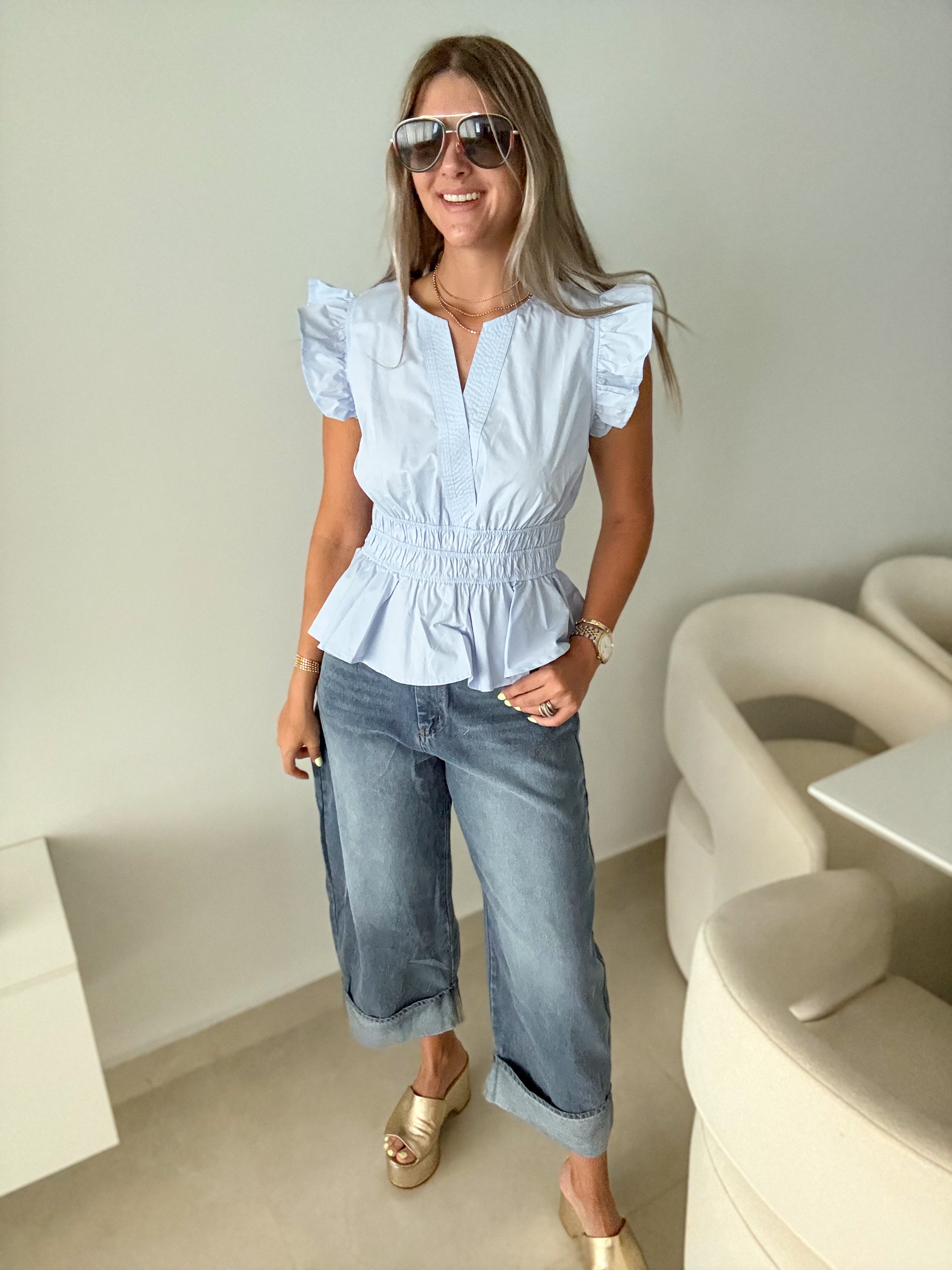 LIGHT BLUE RUFFLE PEPLUM BLOUSE