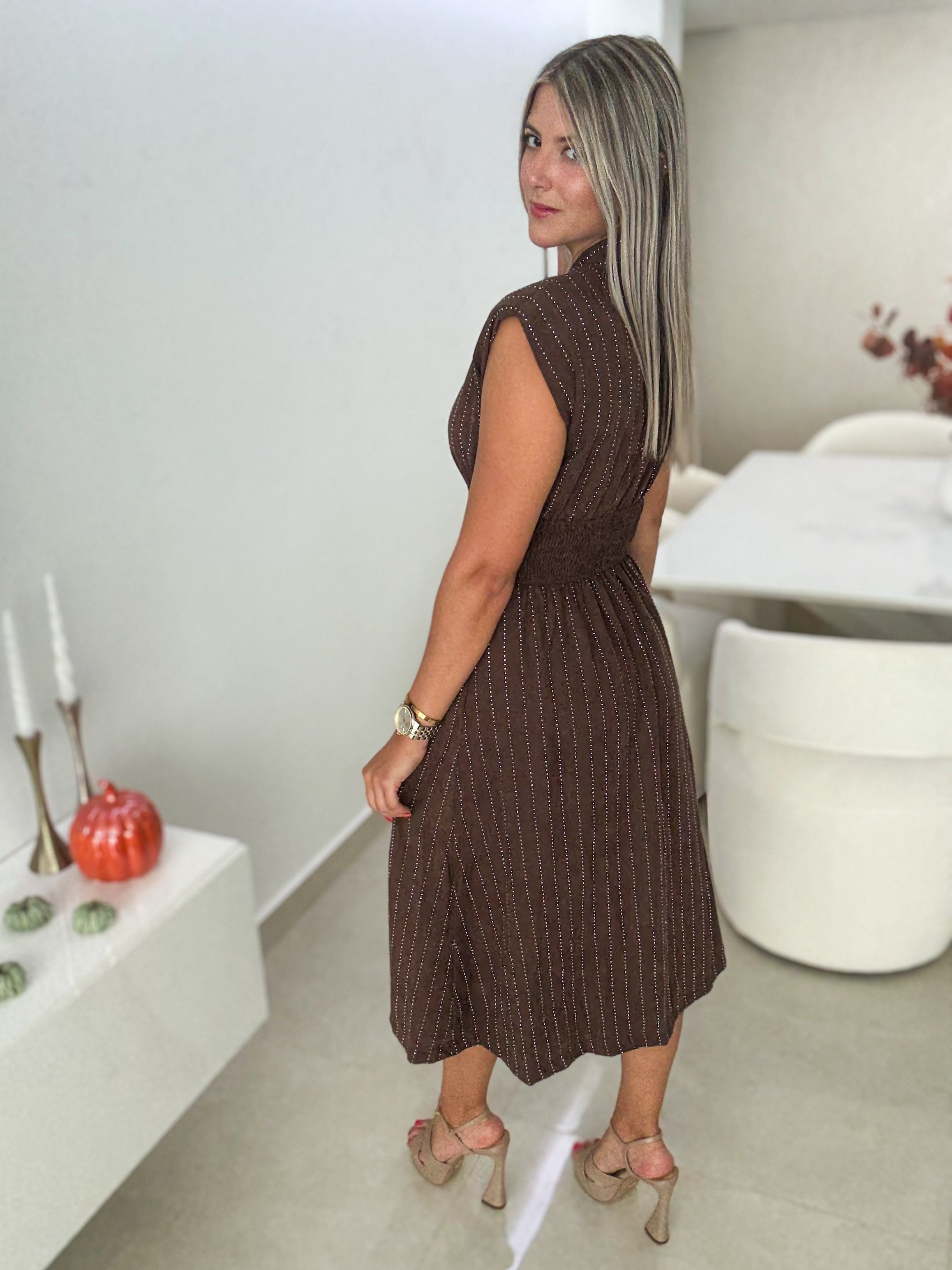 CHOCOLATE RHINESTONES ZIPPER MIDI DRESS