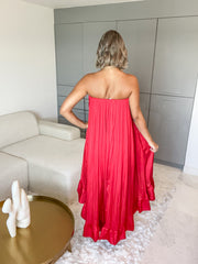 RED STRAPLESS HIGH LOW DRESS