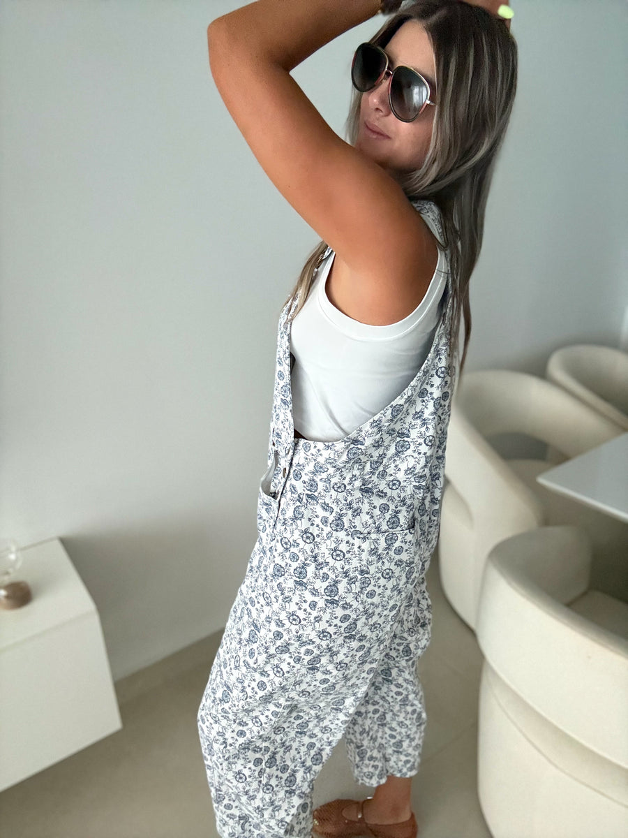 NAVY PRINTED DENIM OVERALL