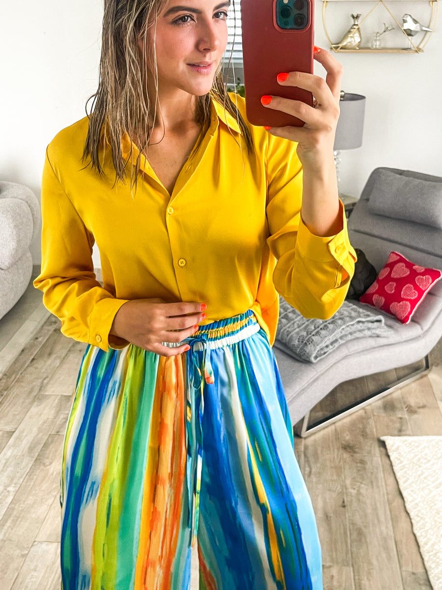 BRIGHT MUSTARD SATIN LONG SLEEVE BLOUSE