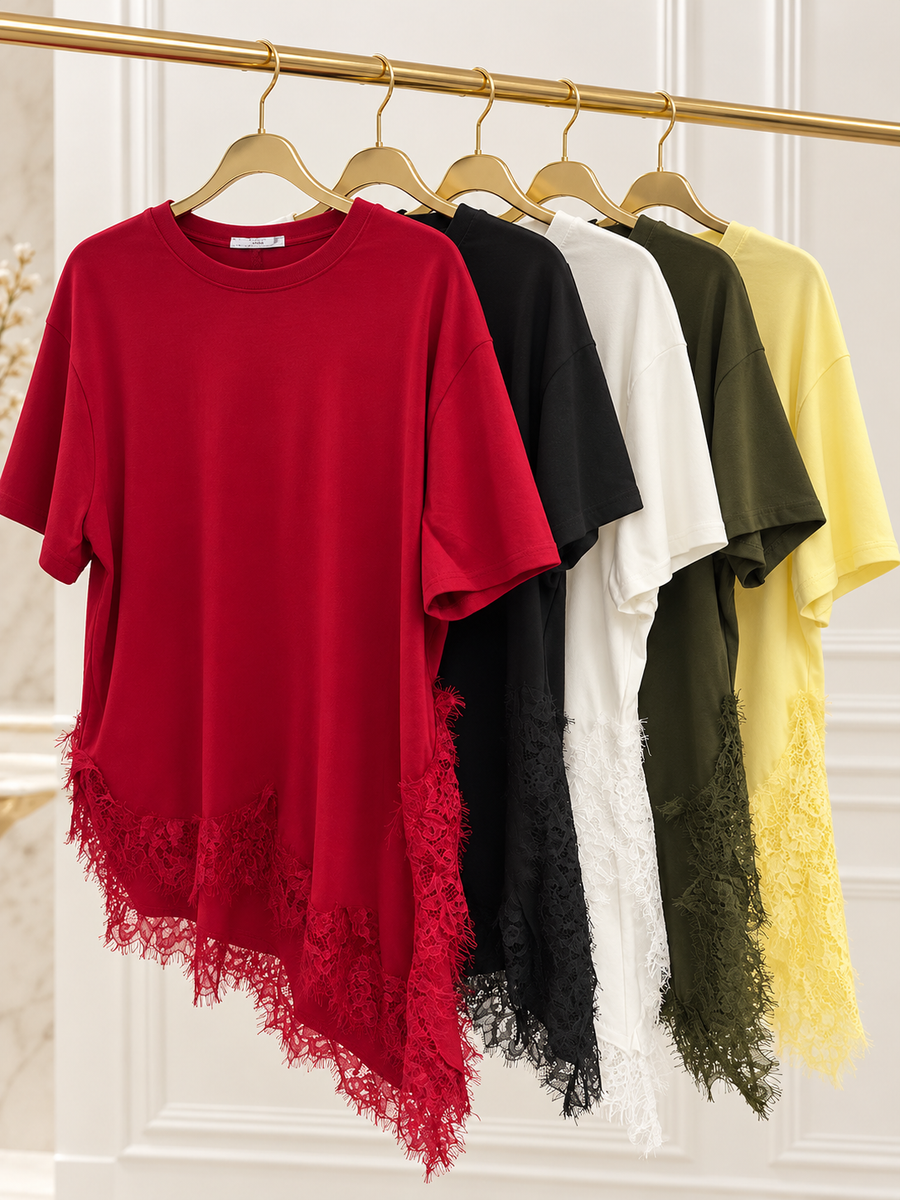 ASYMMETRIC LACE DETAILED SHORT SLEEVES BLOUSE