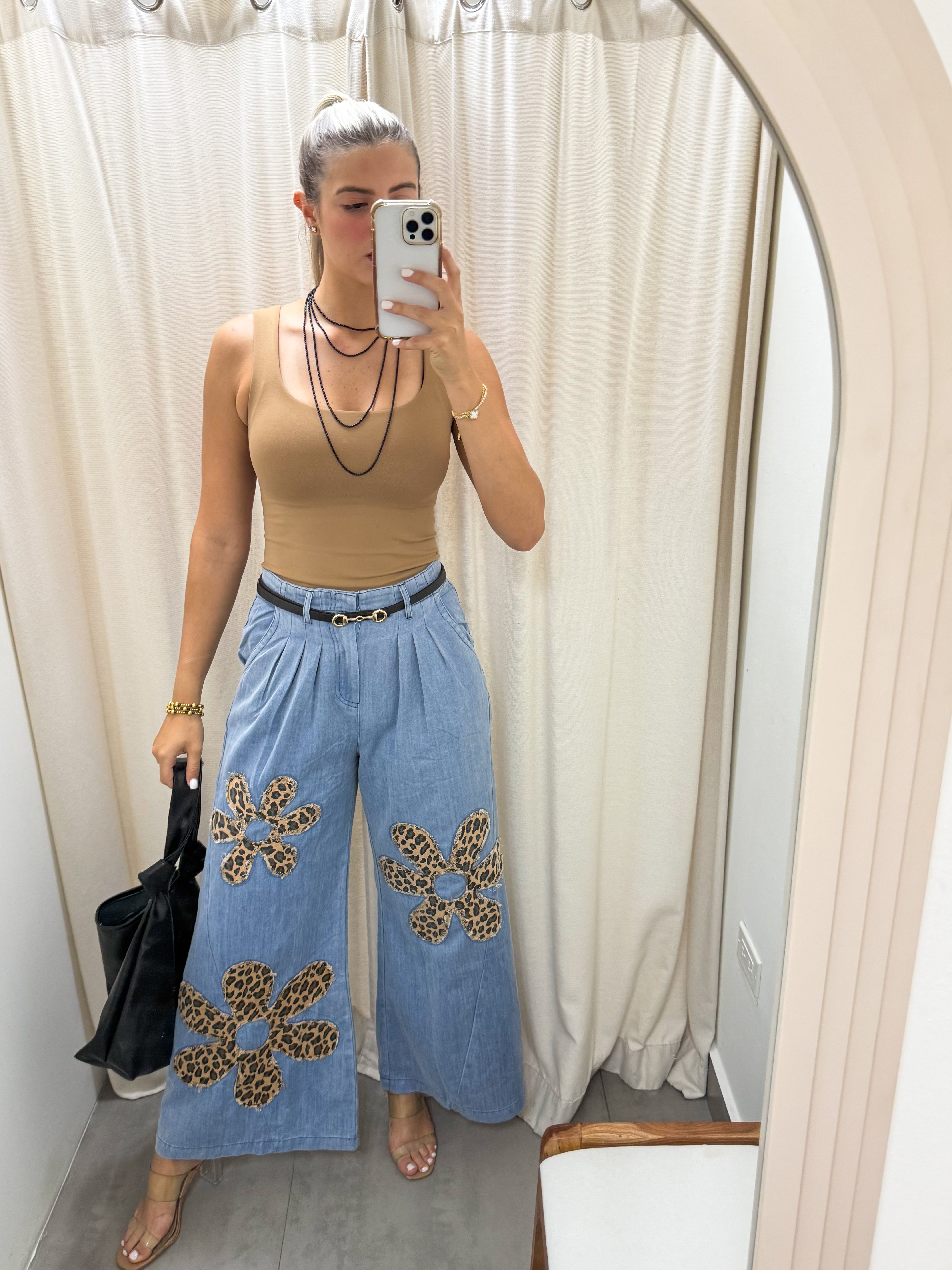 FLOWER LEOPARD PRINT PATCHWORK DENIM WIDE LEG PANTS