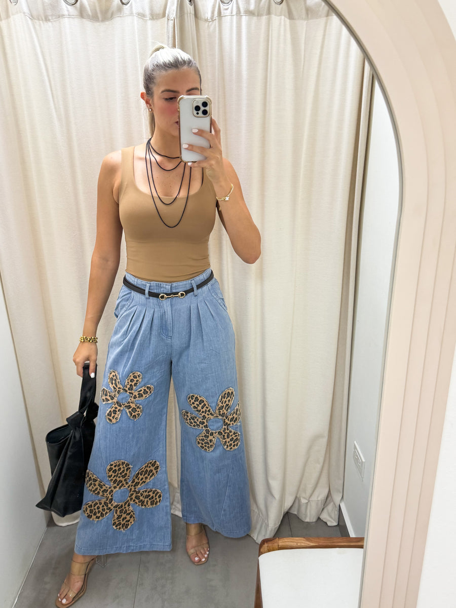 FLOWER LEOPARD PRINT PATCHWORK DENIM WIDE LEG PANTS