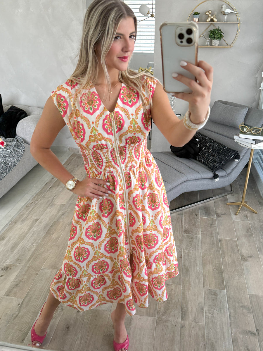NEON PRINT ZIPPER MIDI DRESS