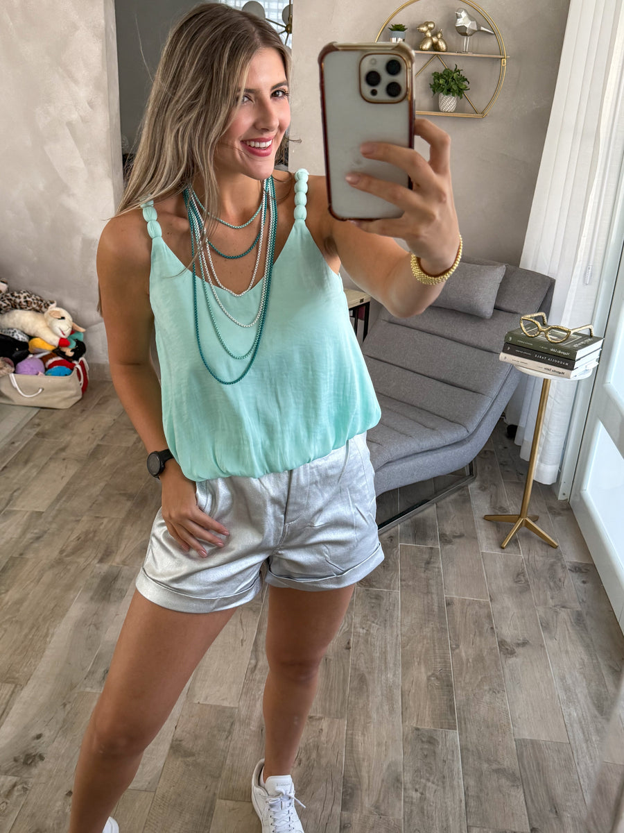 AQUA SATIN ELABORATED STRAP TANK BLOUSE