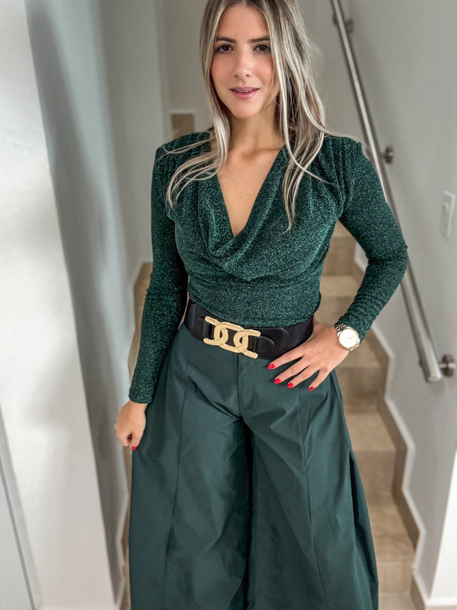HUNTER GREEN METALLIC LONG SLEEVE COWL NECK BLOUSE
