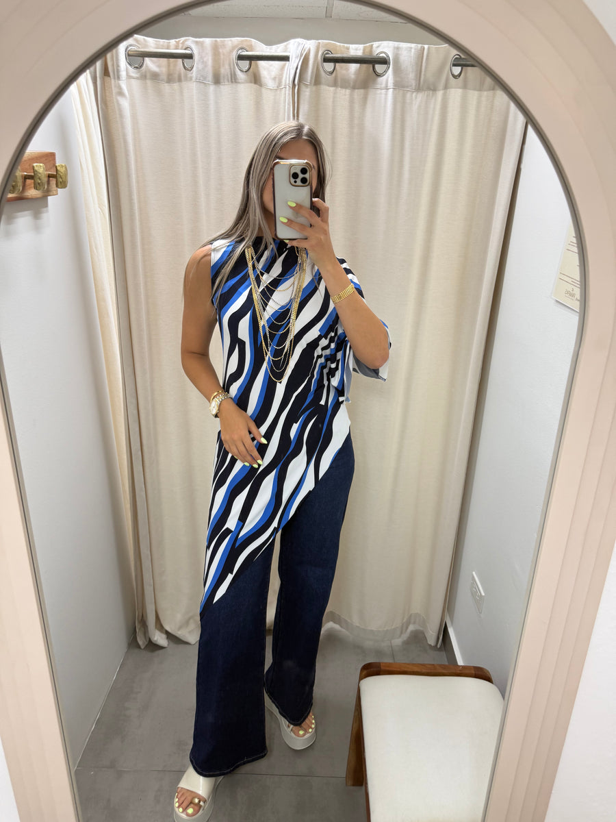 PIA BLUE MIX ASYMMETRIC BLOUSE