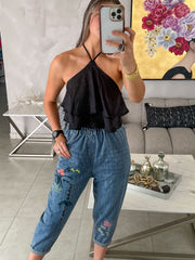 BLACK RUFFLE HALTER CROP TOP