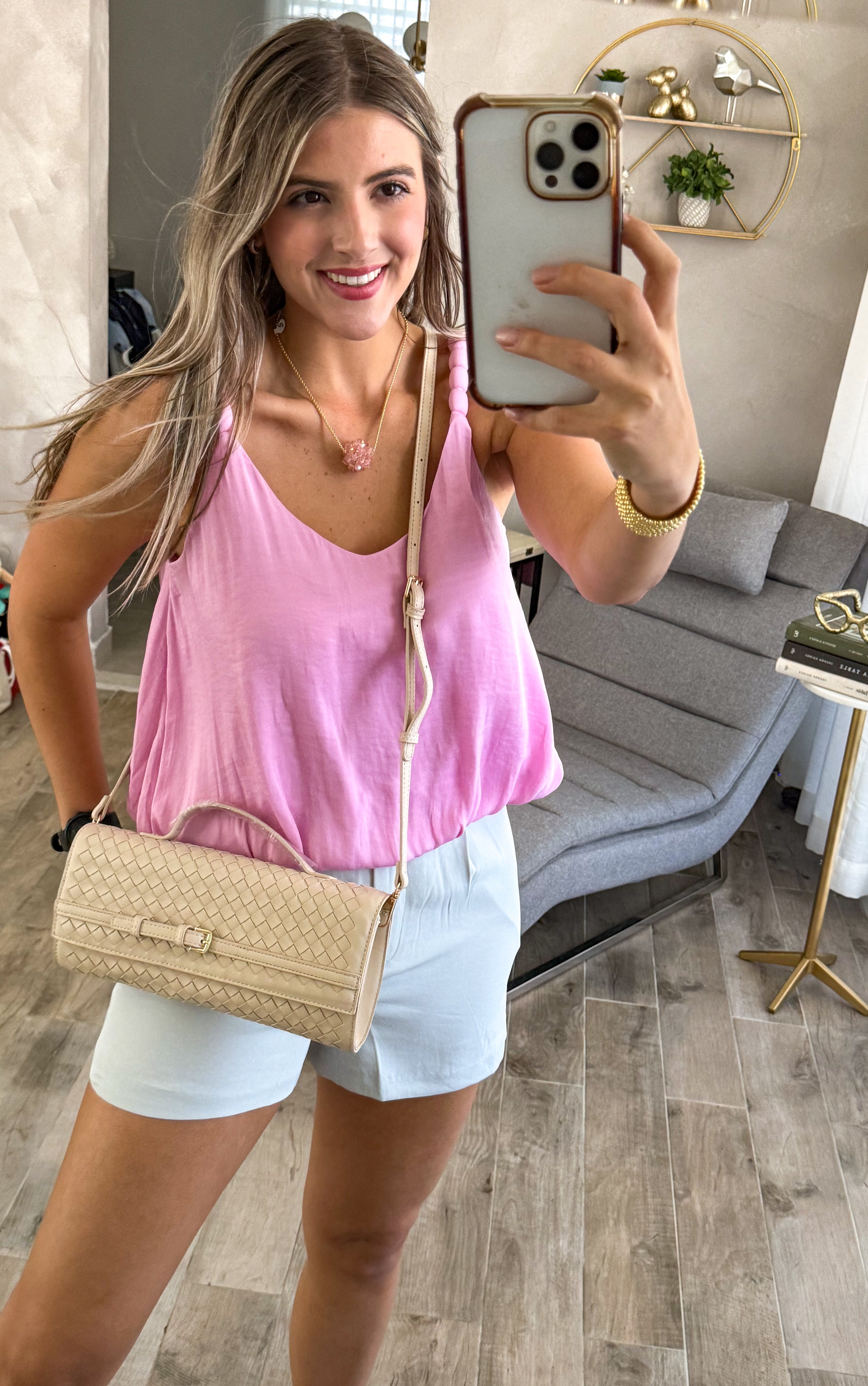 PINK SATIN ELABORATED STRAP TANK BLOUSE