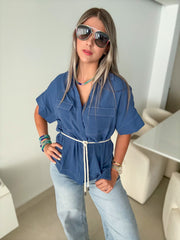 DENIM BLUE ROPE BELTED BLOUSE