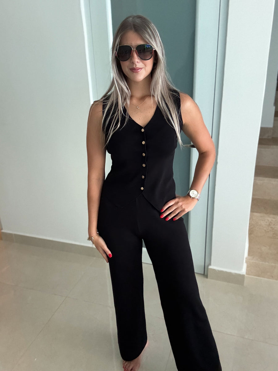 BLACK VEST TOP & PANT COMFY SET