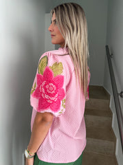 PINK FLOWER EMBROIDED BUBBLE SLEEVE BLOUSE