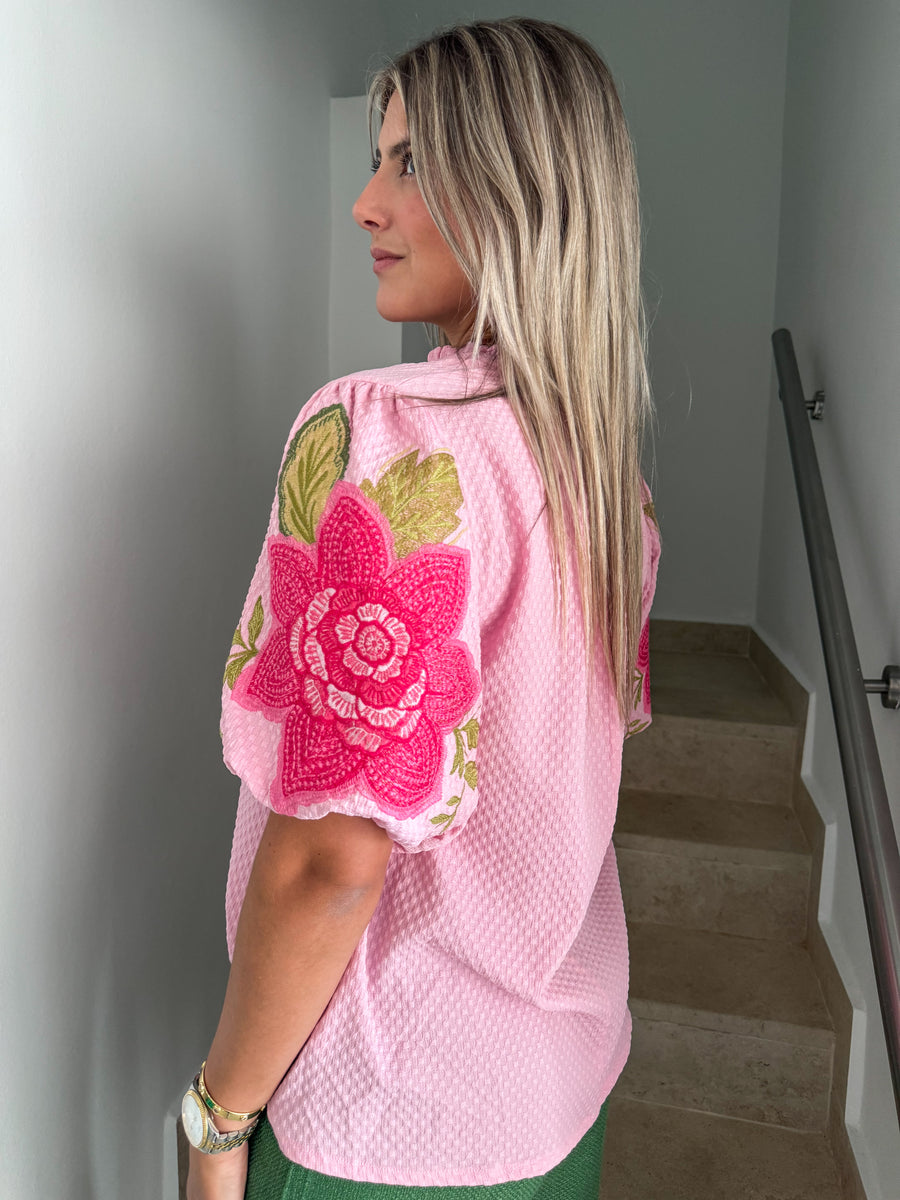 PINK FLOWER EMBROIDED BUBBLE SLEEVE BLOUSE