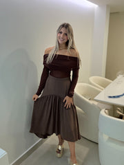 BROWN OFF SHOULDER LONG SLEEVE MESH BODYSUIT