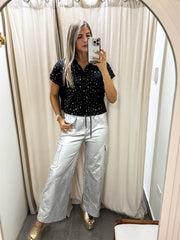 RHINESTONES BUTTONED SHORT SLEEVES TOP