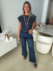 NAVY RIBBED CAP SLEEVE BLOUSE