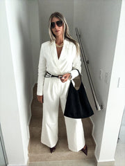 WHITE WIDE-LEG BELTEN TAILORED TROUSER PANTS