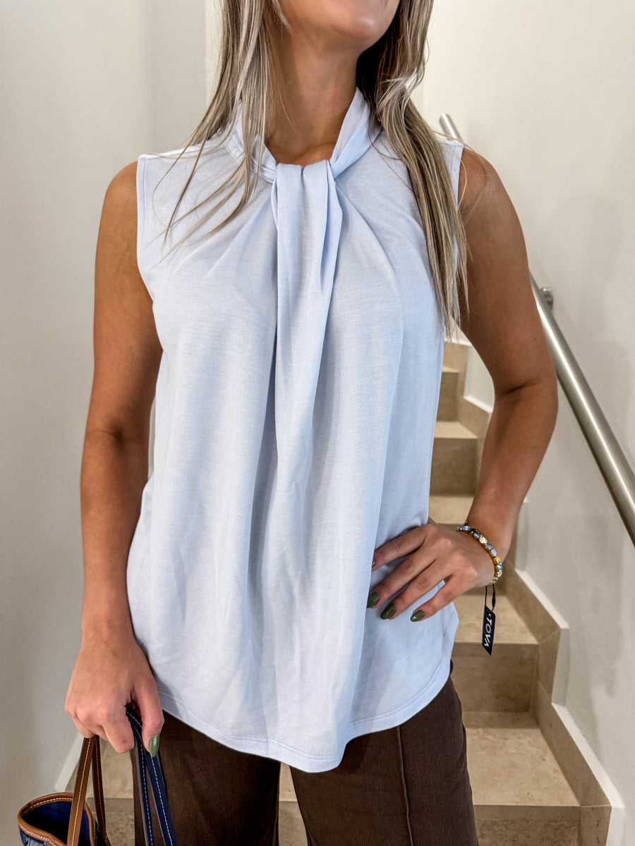 BABY BLUE SHIMMER MOCK TIEN NECK BLOUSE