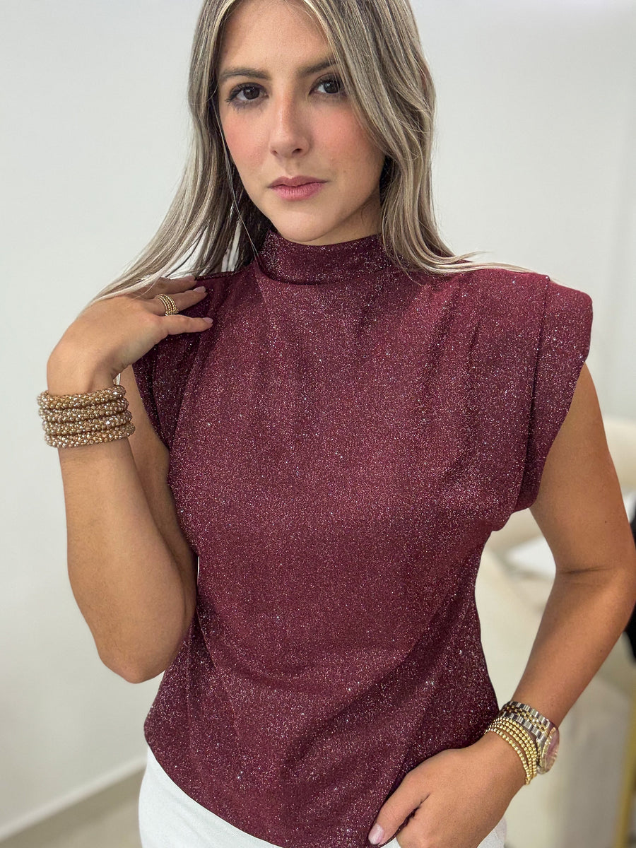 BURGUNDY GLITTER MOCK NECK BLOUSE