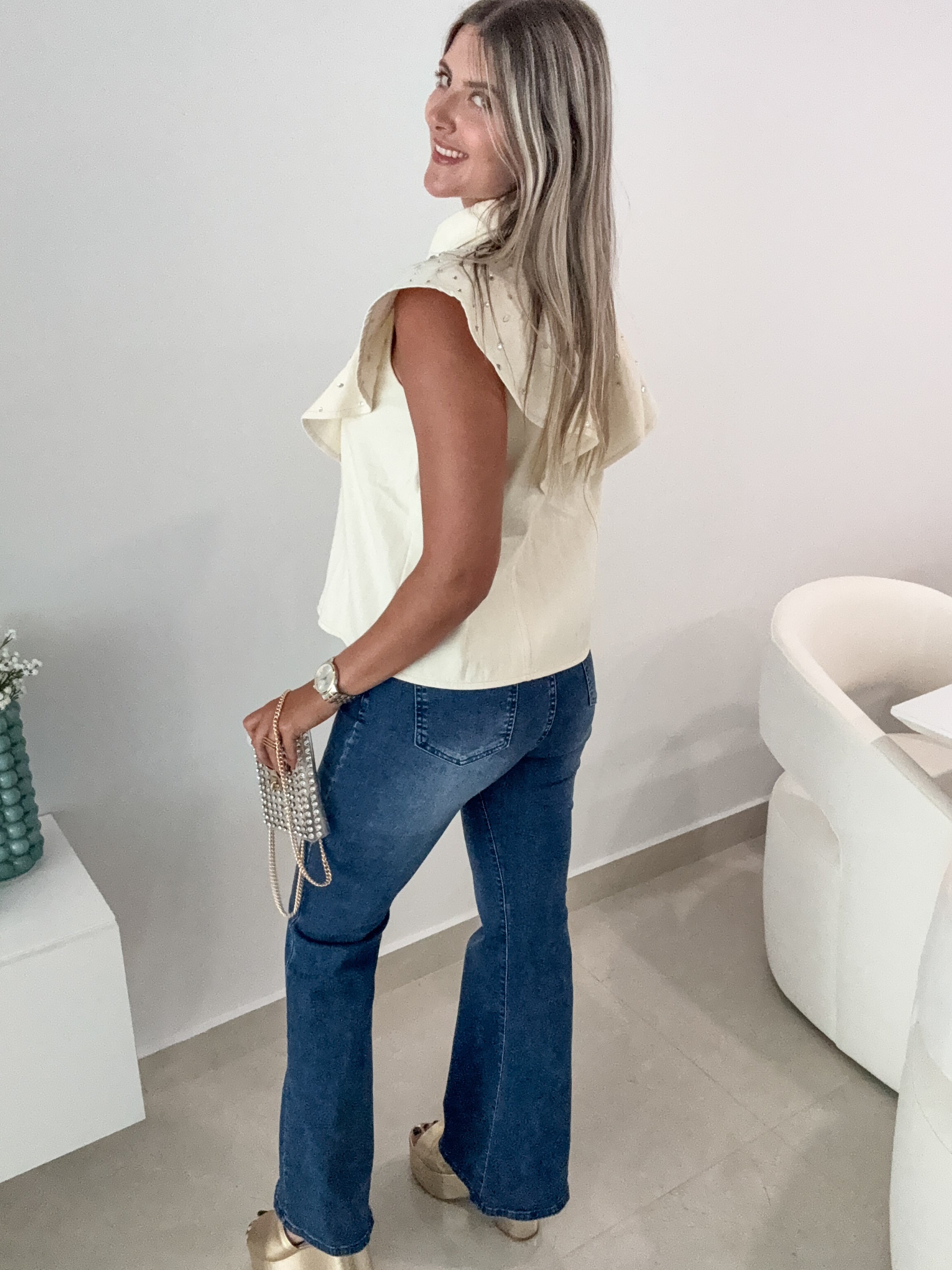 BEIGE DENIM SILVER GEMS BLOUSE