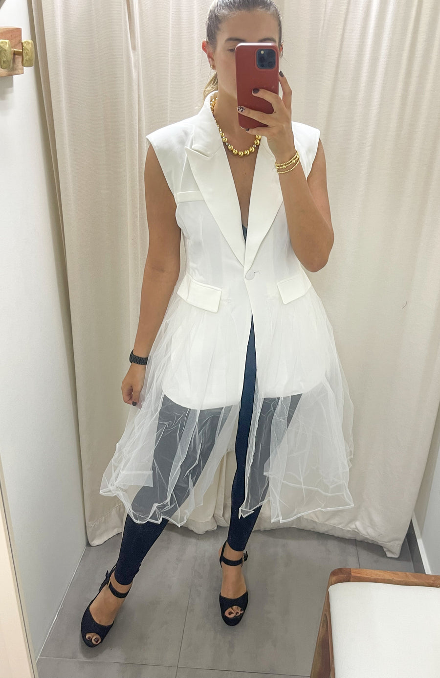 WHITE ELEGANT TULLE DETAIL VEST