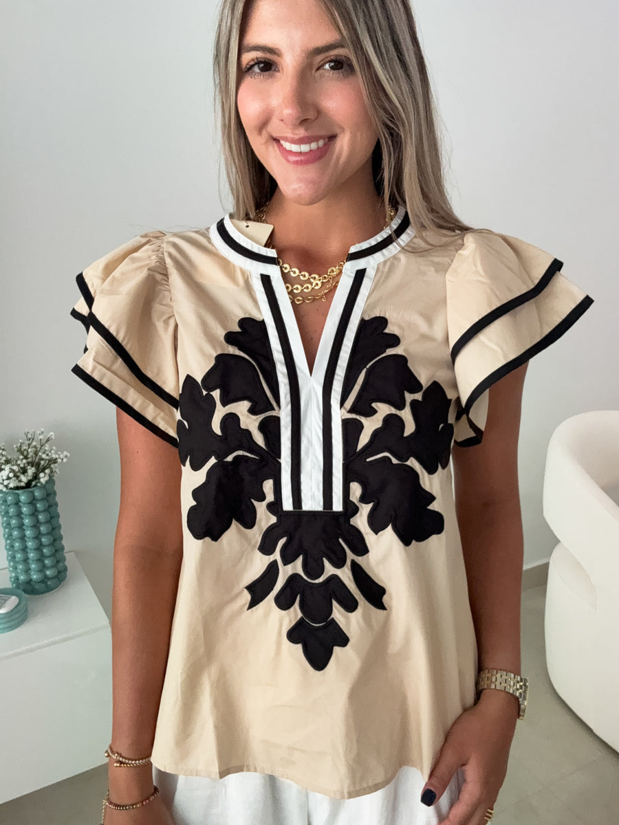 TAUPE/BLACK BLOUSE