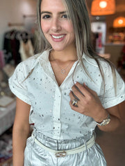 RHINESTONES BUTTONED SHORT SLEEVES TOP