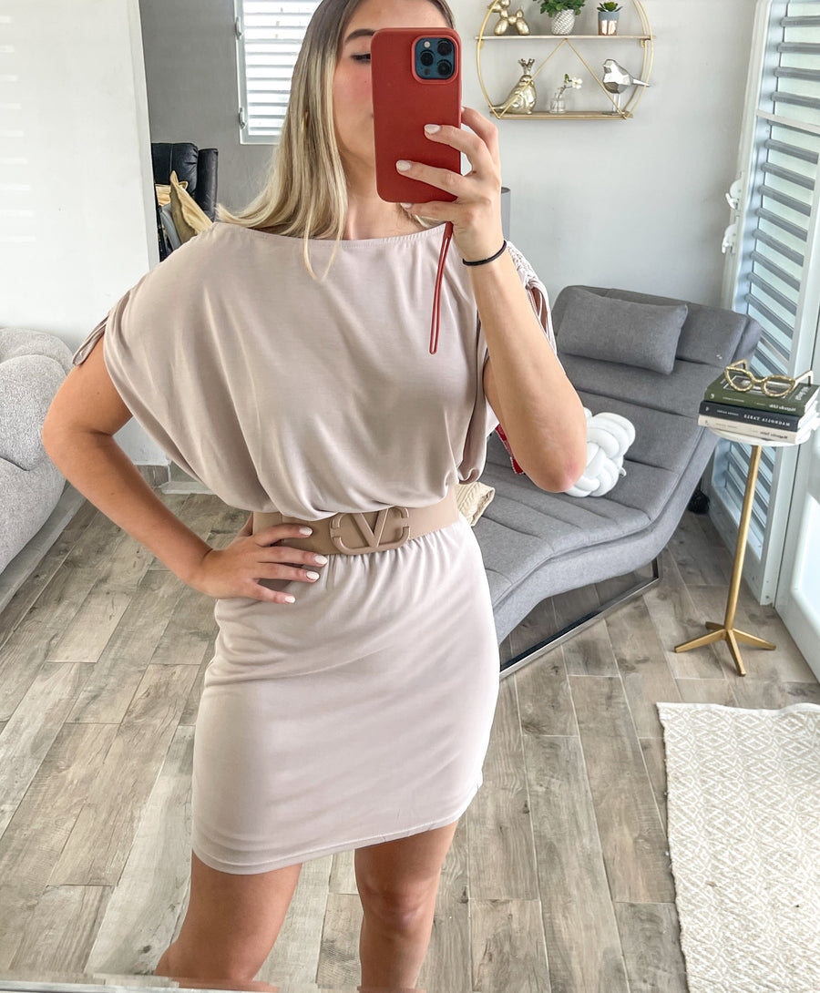 TAUPE DROP SHOULDER DRESS