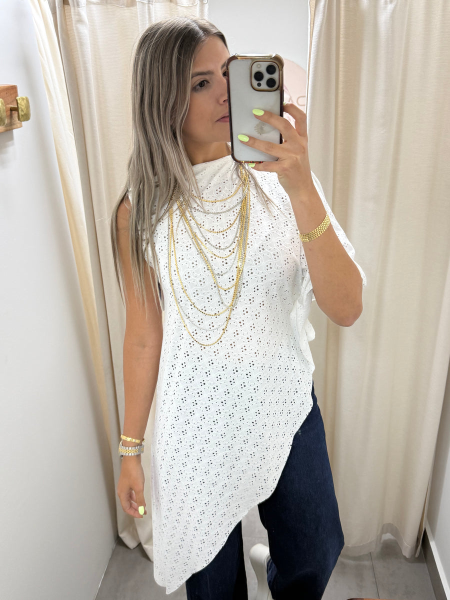 PIA WHITE EYELET ASYMMETRIC BLOUSE