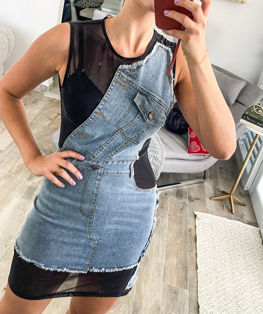 BLACK MESH DENIM CONTRAST DRESS
