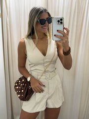 BEIGE SLEEVELESS V-NECK ROMPER