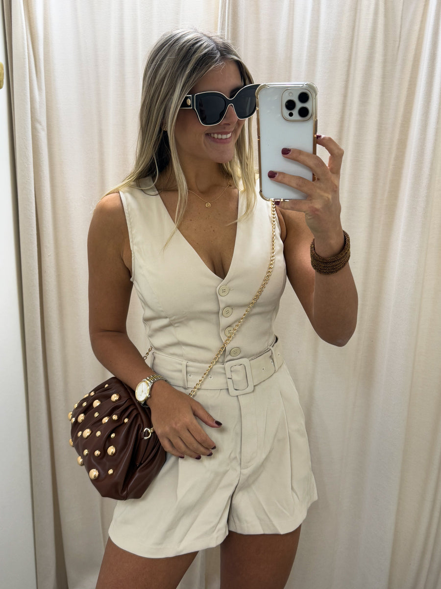 BEIGE SLEEVELESS V-NECK ROMPER